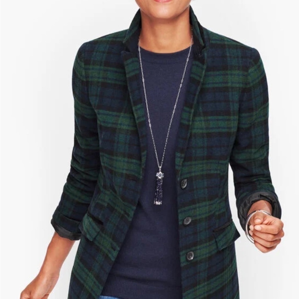 Talbots Green Blue Black Watch Plaid Wool Blend Long Blazer‎ size 4P